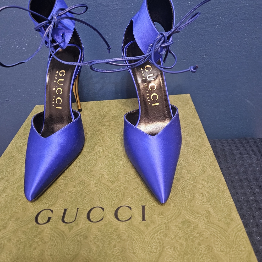 Gucci Electric Blue Satin Pointed-Toe Lace-Up Heels